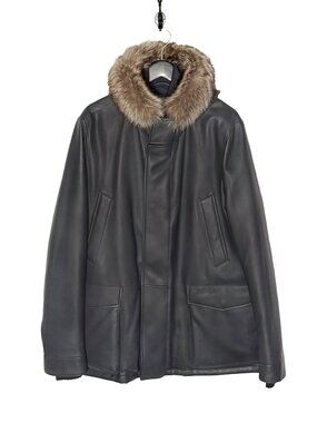 Loro Piana Navy Blue Leather Fur Trim Hooded Coat